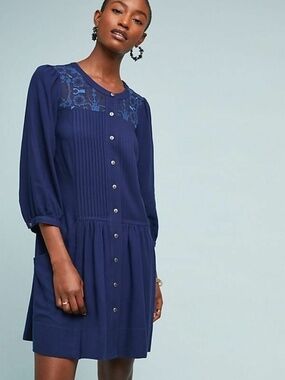 Anthropologie Dubois Blue Embroidered Tunic Top Dress Size 8
